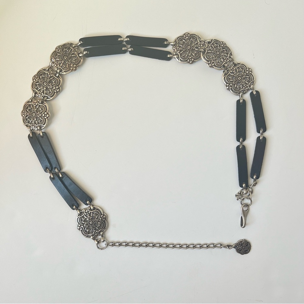 Express Black Leather Metal Medallions Chain Belt Small